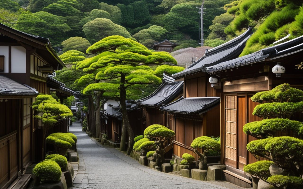 Quiet Kamakura backstreet lane with wooden houses and greenery