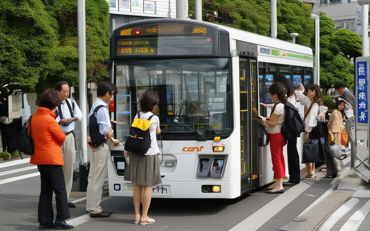 Passengers tapping IC cards at a bus validator beside a wide door on an articulated electric coach