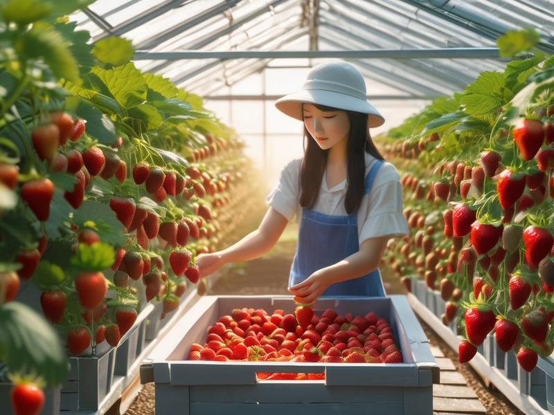 Strawberry picking in a Miura greenhouse