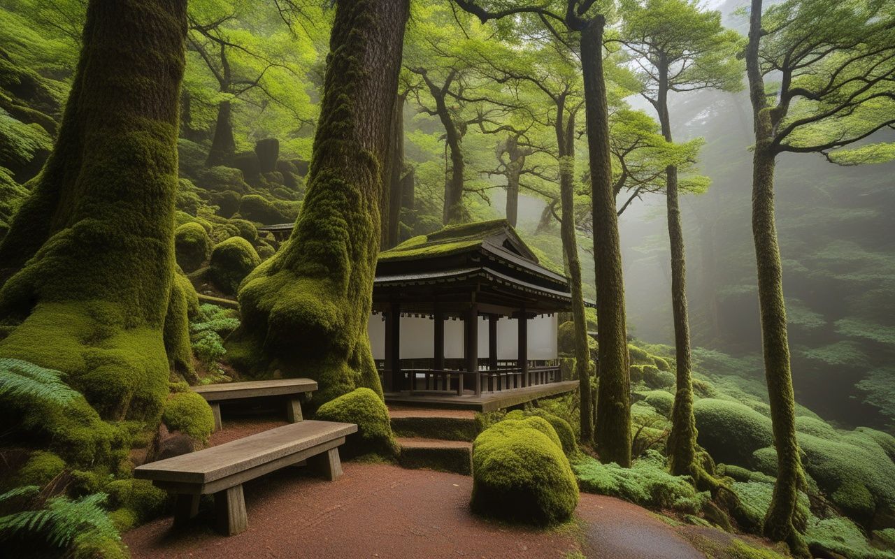 Visitors resting beside a votive plaque wall under cedar canopy on a misty mountain approach
