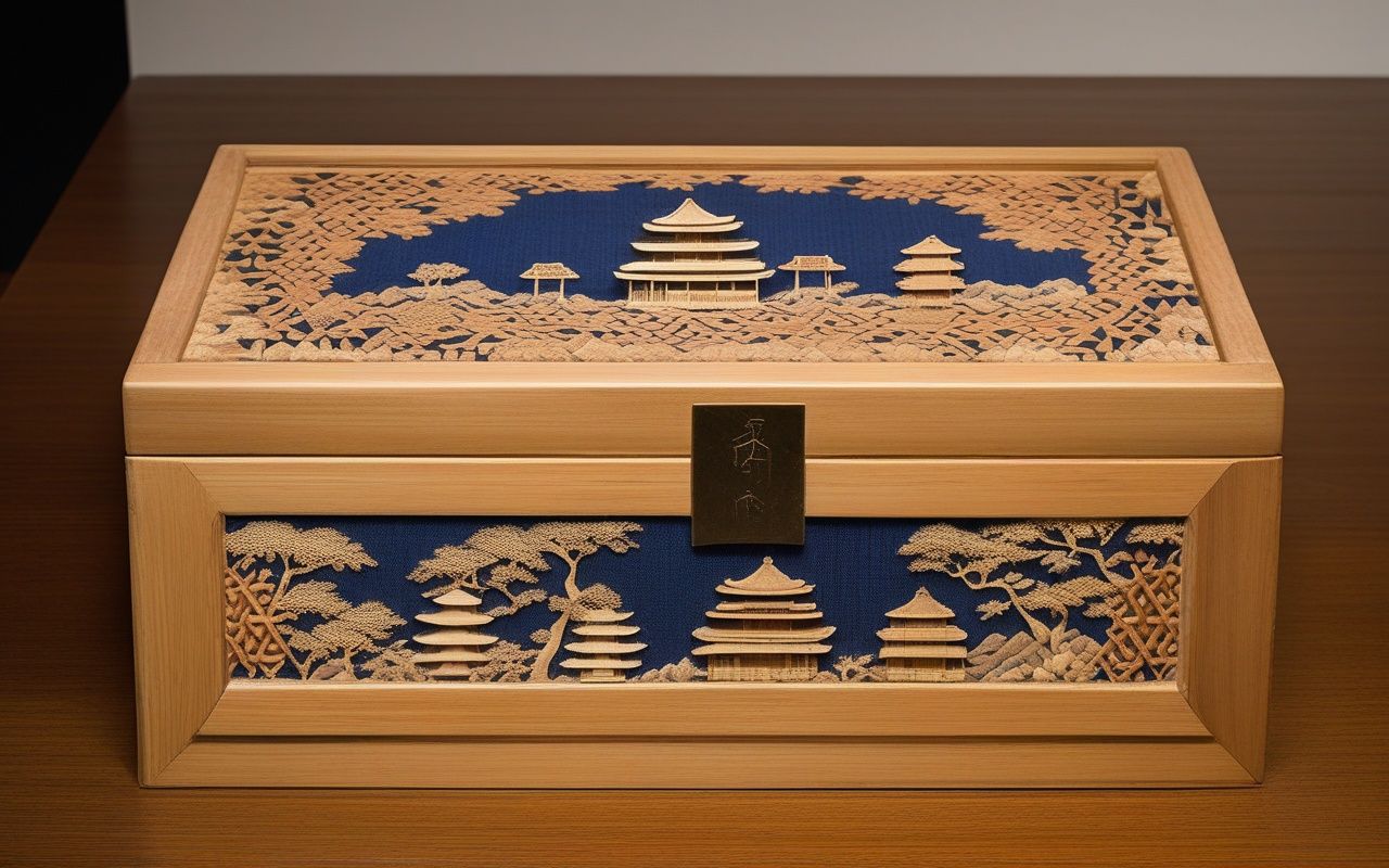 Colorful geometric patterned wooden box lid displayed on neutral cloth in a craft gallery