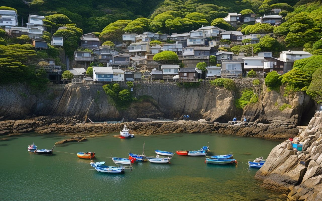 Fishing boats clustered in a compact harbor basin beneath terraced neighborhoods climbing a low hillside