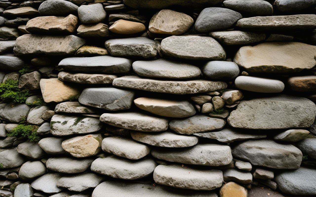 Close view of curved stone rampart masonry with varied block sizes fitted without obvious mortar
