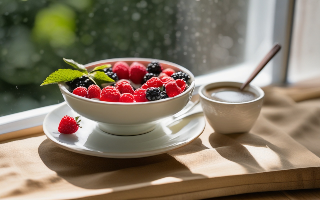 Latte art beside a seasonal tart topped with berries on a ceramic plate near a sunny window