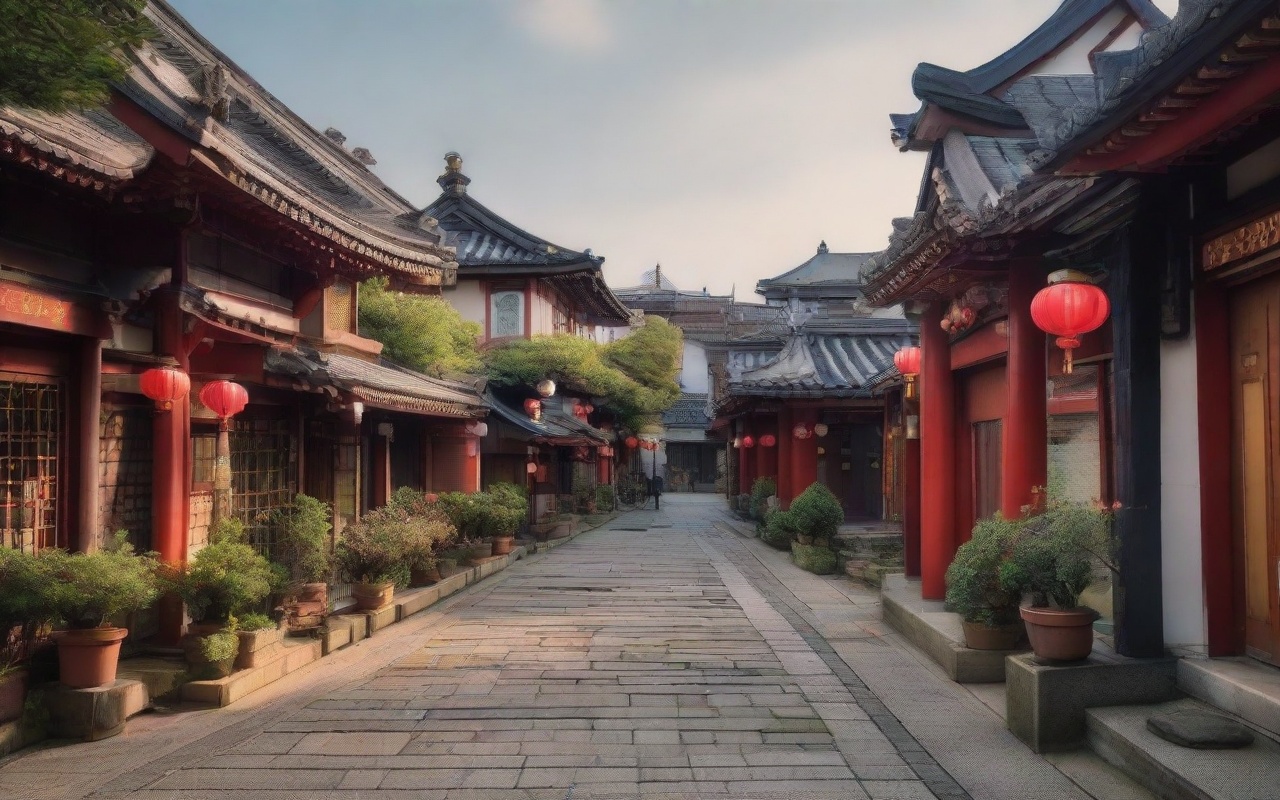 Temple rooflines and incense haze above tiled courtyards visible from a side lane viewpoint