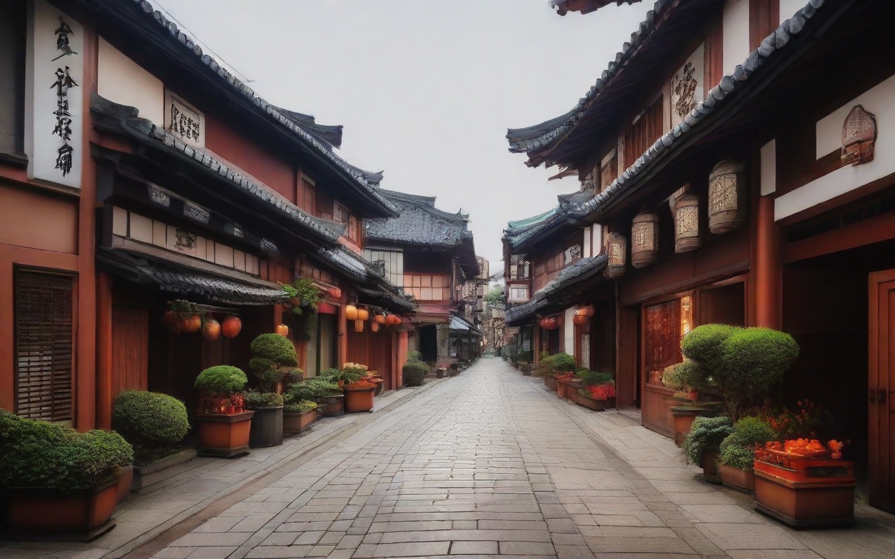 Stone lion pair guarding a stairway leading to a small shrine terrace above shops