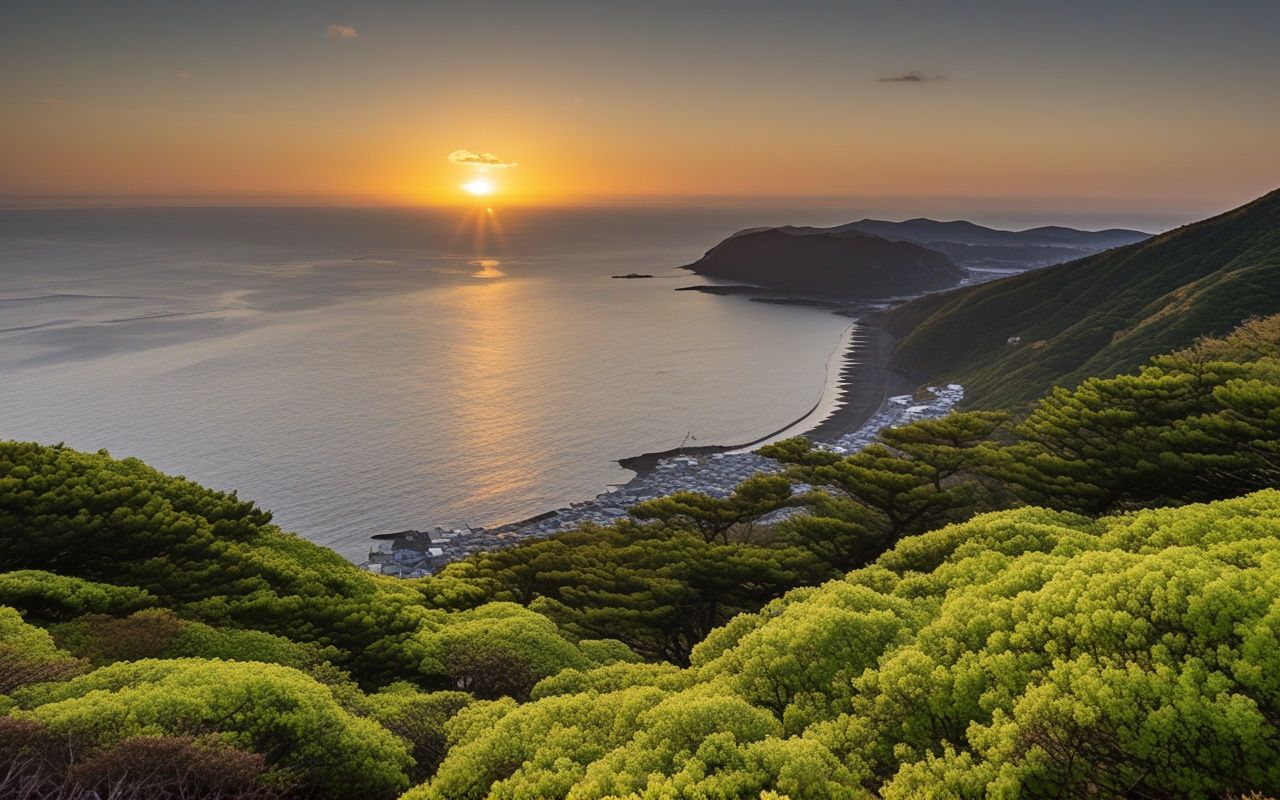 Yugawara cape coastal path at sunset with Fuji across the bay