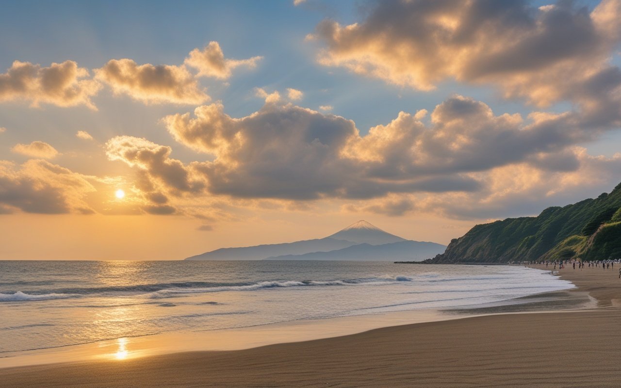 Yuigahama Beach shoreline with surfers and seasonal crowds at Kamakura's most popular beach