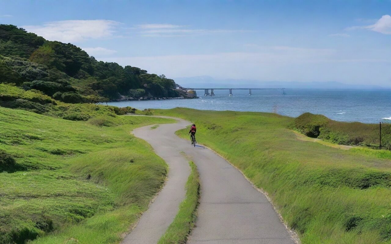 Cyclist on Shonan coastal route with ocean views and scenic Kamakura landscape