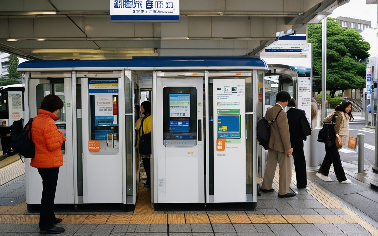 Passengers tapping IC cards at a bus validator beside a wide door on an articulated electric coach