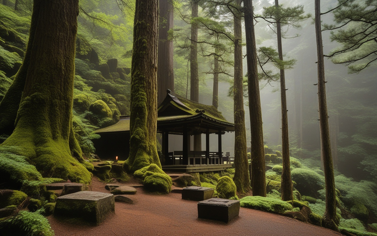 Visitors resting beside a votive plaque wall under cedar canopy on a misty mountain approach