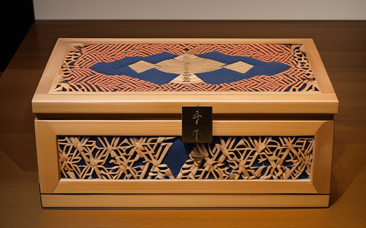 Colorful geometric patterned wooden box lid displayed on neutral cloth in a craft gallery