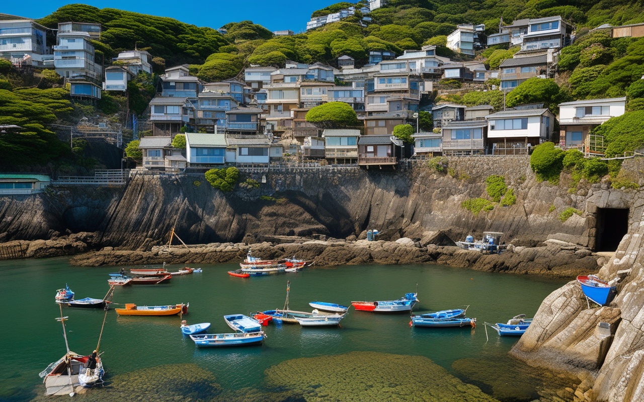 Fishing boats clustered in a compact harbor basin beneath terraced neighborhoods climbing a low hillside