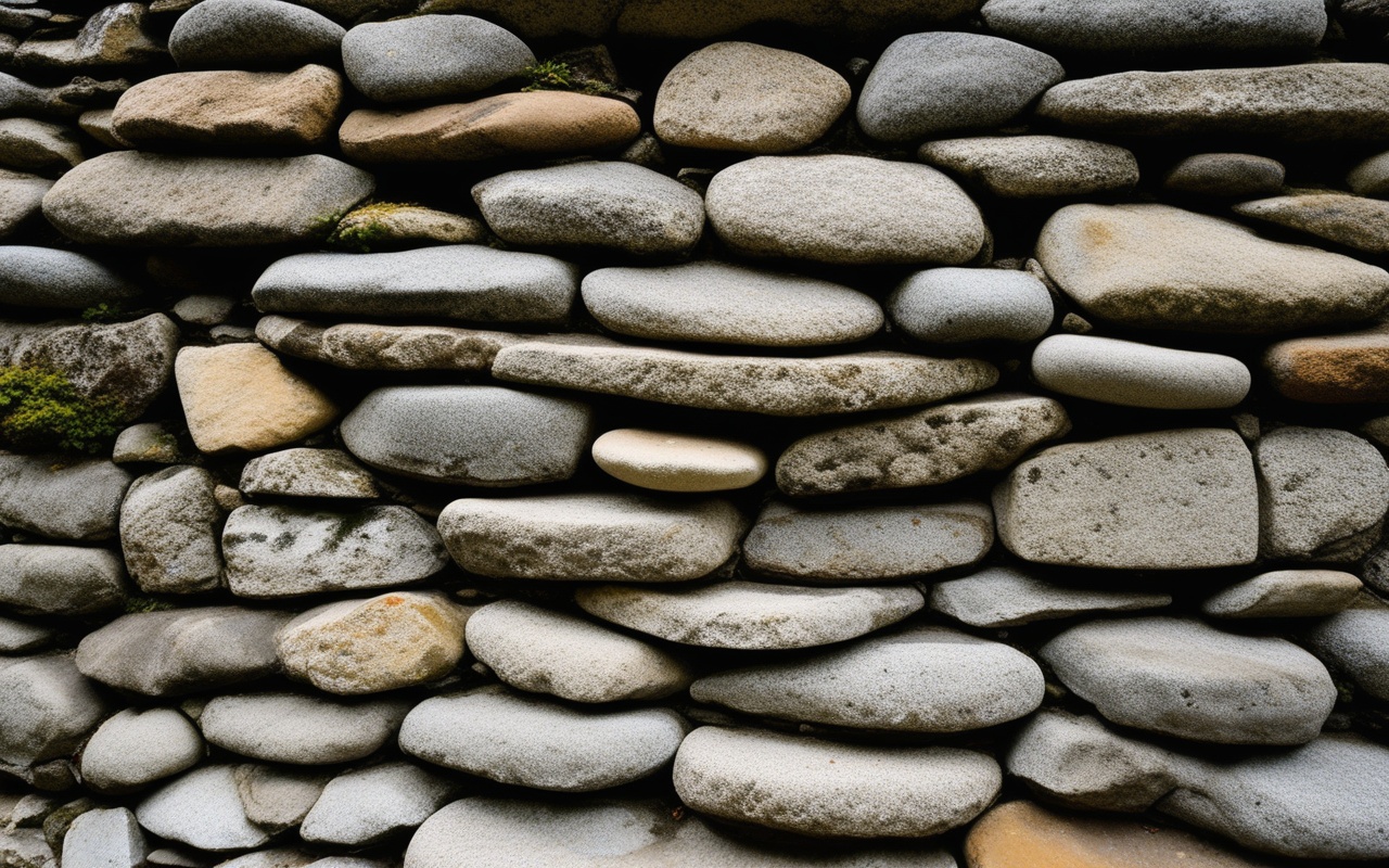 Close view of curved stone rampart masonry with varied block sizes fitted without obvious mortar