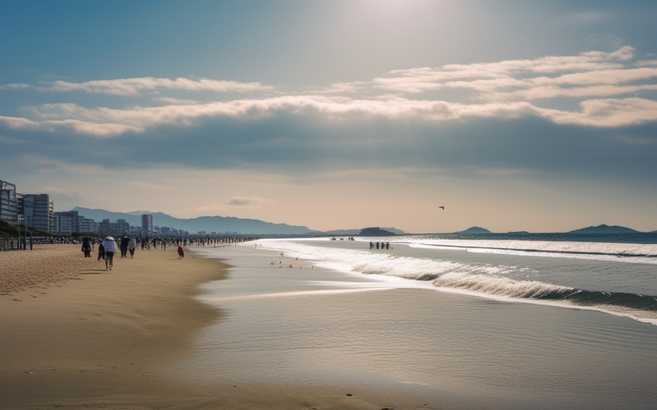 Scenic Shonan beach coastline with surfing and swimming areas