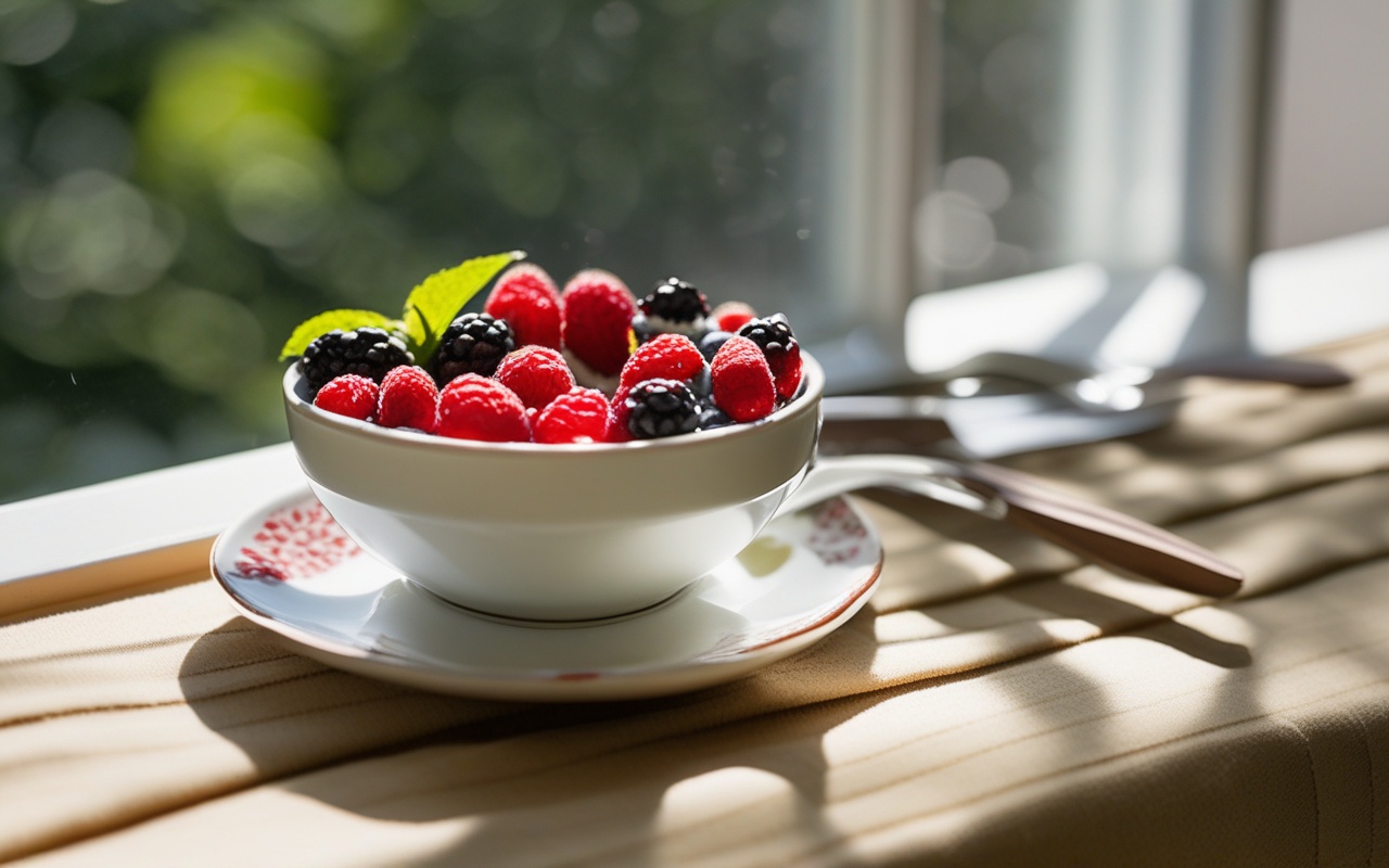 Latte art beside a seasonal tart topped with berries on a ceramic plate near a sunny window