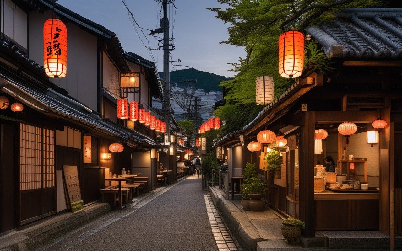 Small counter seating and lantern-lit lane in Noge