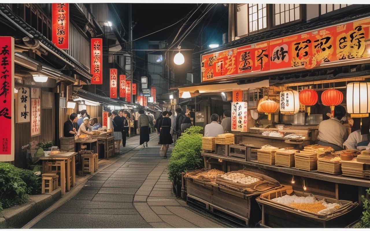 Isezakicho covered arcade lights and snack stalls