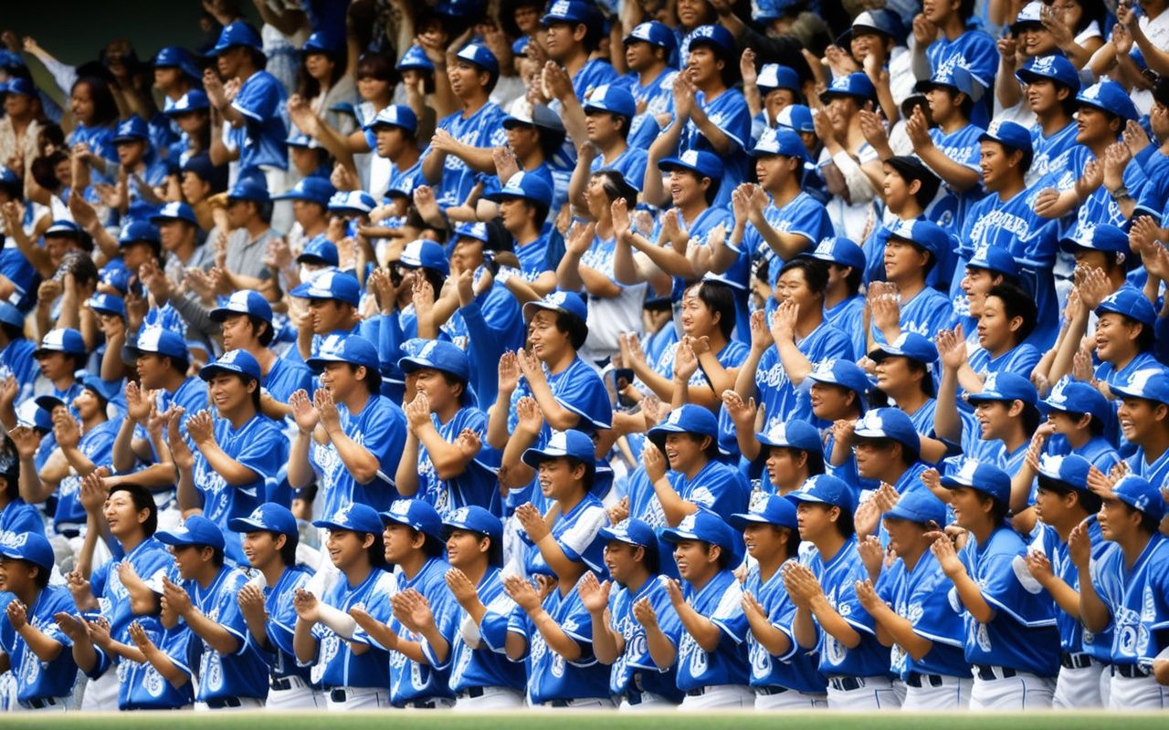 Yokohama BayStars game — outfield cheering section with towel dance